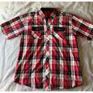 Red Ape Mens XL Red Black Plaid Short Sleeve Button Down Shirt with Epaulettes